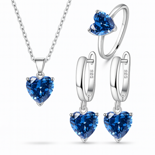 Kit Coração Azul Safira em Prata 925 — Colar, Brincos e Anel Femininos