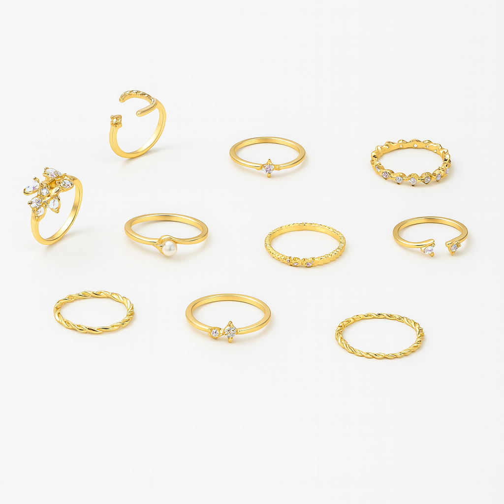 Kit de Anéis Dourados Celestial – 10 Peças Femininas com Pérolas e Cristais