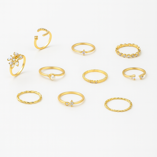 Kit de Anéis Dourados Celestial – 10 Peças Femininas com Pérolas e Cristais