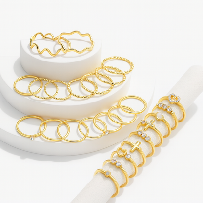 Kit 28 Anéis Dourados Vintage – Corações & Formas Geométricas Boho Chic