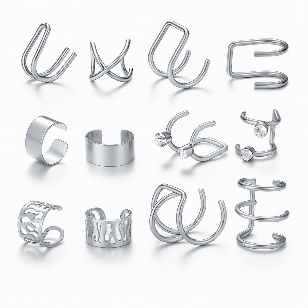 Kit de Brincos Clip Prateados – Design Criativo Geométrico Unissex