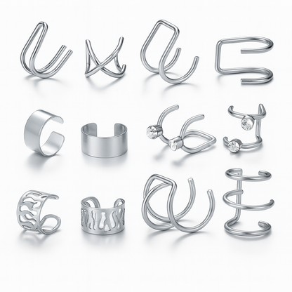 Kit de Brincos Clip Prateados – Design Criativo Geométrico Unissex