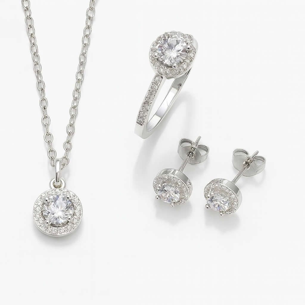 Conjunto Prata 925 Luxo Cristal — Colar, Anel e Brincos Femininos