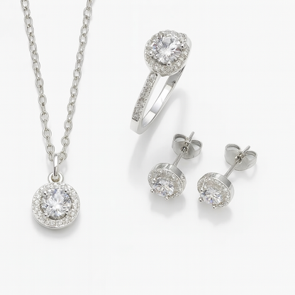 Conjunto Prata 925 Luxo Cristal — Colar, Anel e Brincos Femininos
