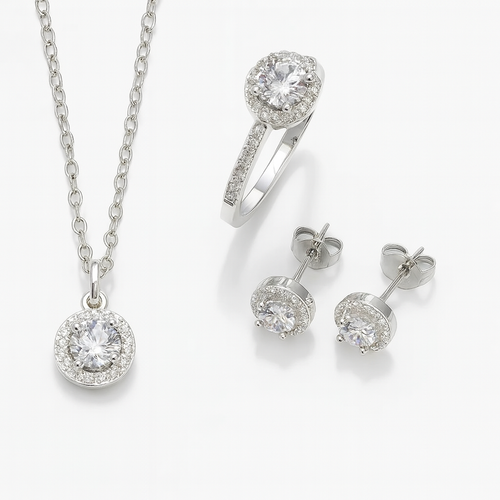 Conjunto Prata 925 Luxo Cristal — Colar, Anel e Brincos Femininos