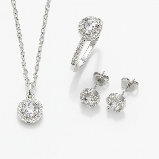 Conjunto Prata 925 Luxo Cristal — Colar, Anel e Brincos Femininos