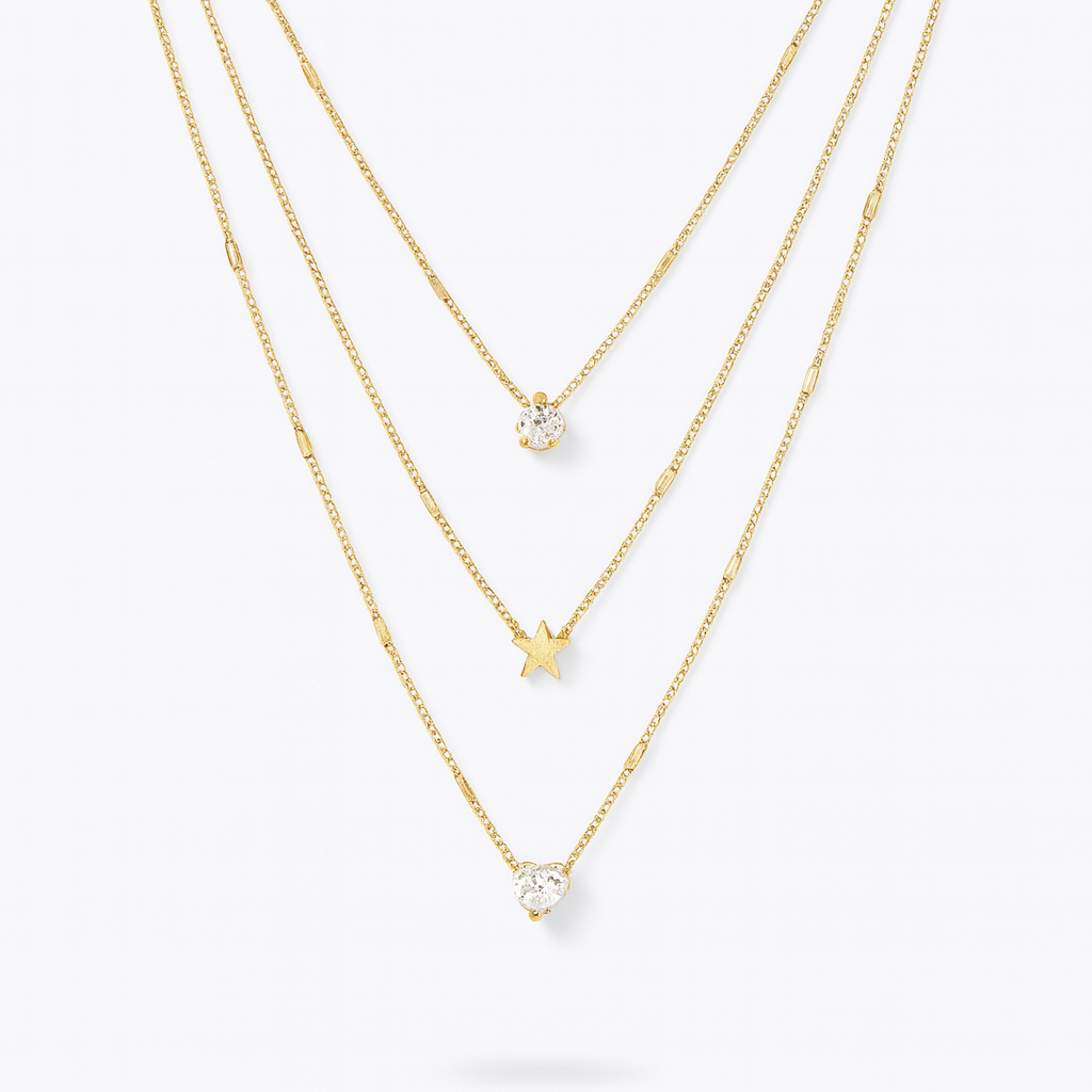 Colar Dourado com Pingentes Estrela, Gota e Coração – Camadas Modernas Femininas
