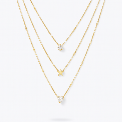 Colar Dourado com Pingentes Estrela, Gota e Coração – Camadas Modernas Femininas