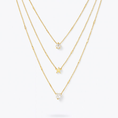 Colar Dourado com Pingentes Estrela, Gota e Coração – Camadas Modernas Femininas