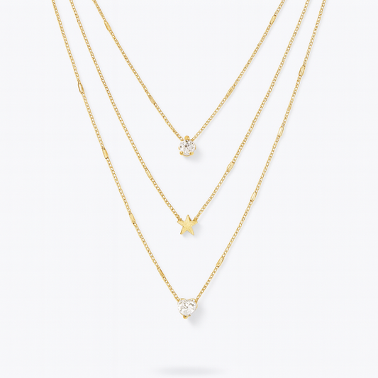 Colar Dourado com Pingentes Estrela, Gota e Coração – Camadas Modernas Femininas