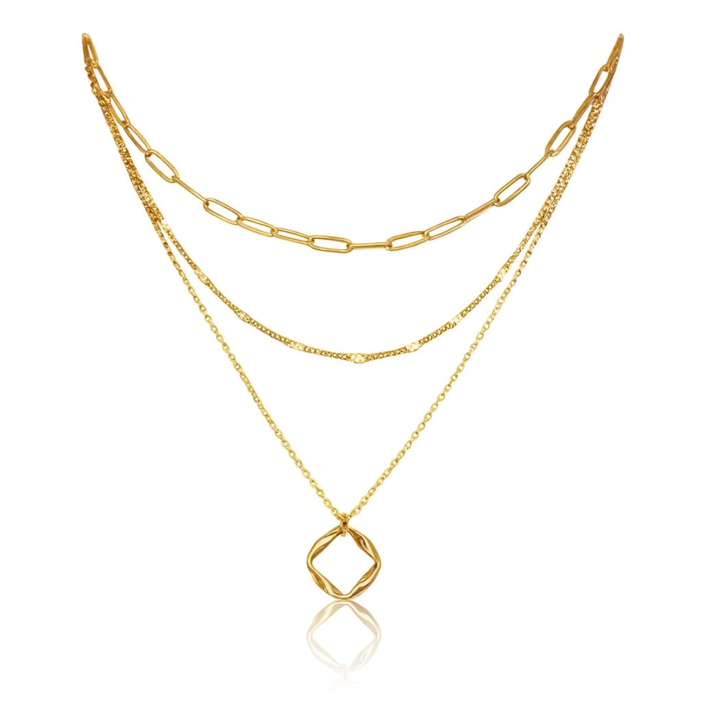 Colar Dourado Feminino 3 Camadas – Pingente Circular e Corrente Paperclip