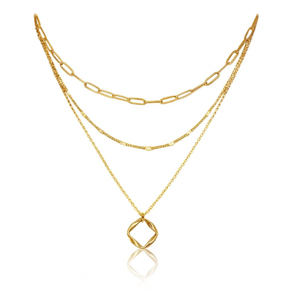 Colar Dourado Feminino 3 Camadas – Pingente Circular e Corrente Paperclip