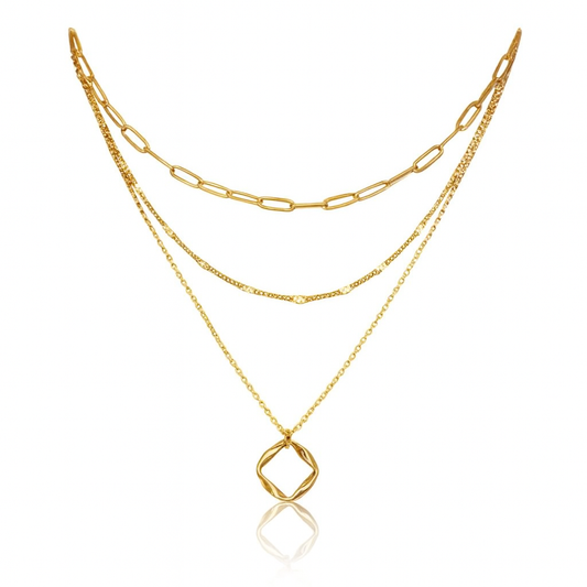 Colar Dourado Feminino 3 Camadas – Pingente Circular e Corrente Paperclip