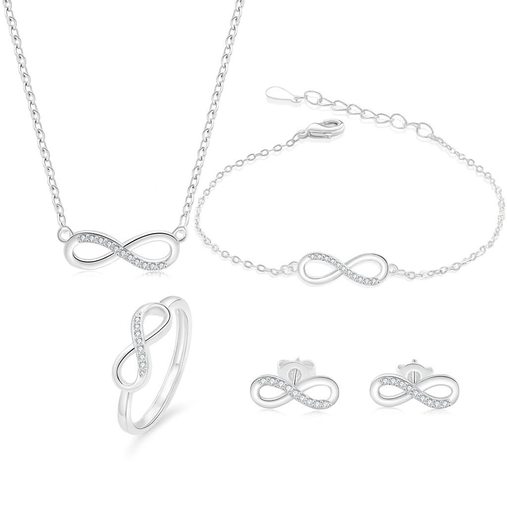 Conjunto Prata 925 Laço Móbio – Colar, Pulseira e Brincos com Cristais Zircônia