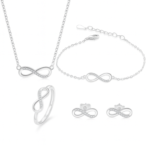 Conjunto Prata 925 Laço Móbio – Colar, Pulseira e Brincos com Cristais Zircônia