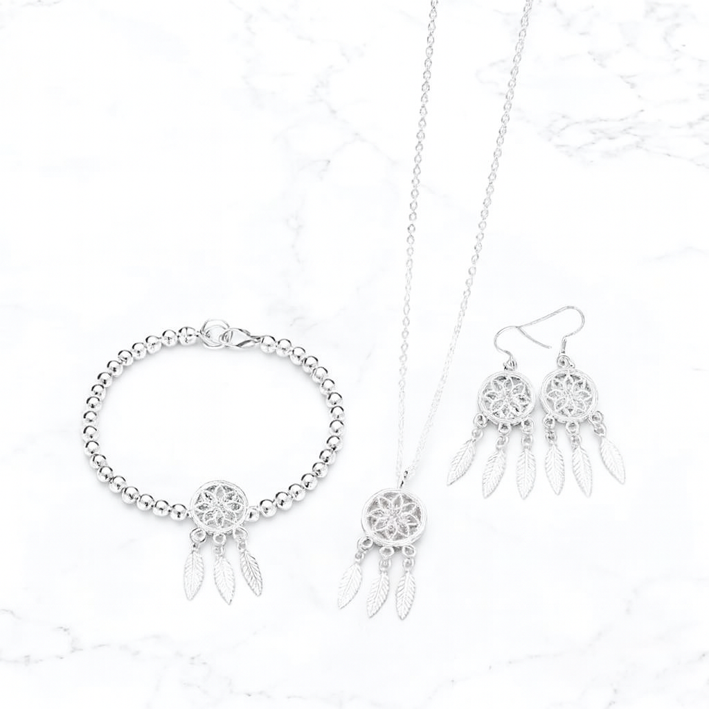 Conjunto Prata 925 Dreamcatcher – Colar, Pulseira e Brincos Femininos