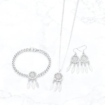 Conjunto Prata 925 Dreamcatcher – Colar, Pulseira e Brincos Femininos