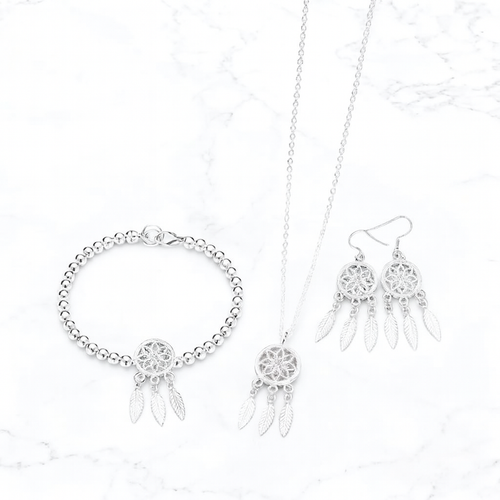Conjunto Prata 925 Dreamcatcher – Colar, Pulseira e Brincos Femininos
