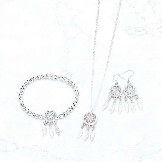 Conjunto Prata 925 Dreamcatcher – Colar, Pulseira e Brincos Femininos