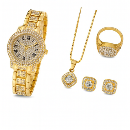 Conjunto Luxo Dourado 6 Peças – Relógio Feminino e Joias com Cristais