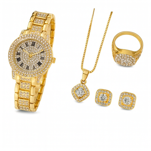 Conjunto Luxo Dourado 6 Peças – Relógio Feminino e Joias com Cristais