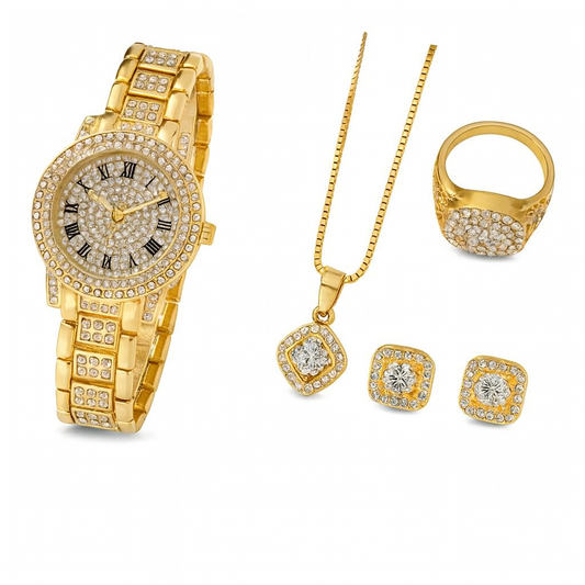 Conjunto Luxo Dourado 6 Peças – Relógio Feminino e Joias com Cristais