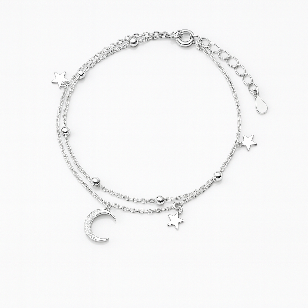 Pulseira Prata 925 Estrelas & Lua – Cristais Zircônia Luxuosos Femininos