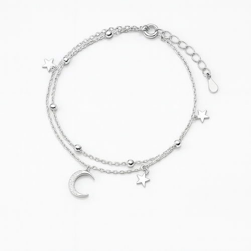 Pulseira Prata 925 Estrelas & Lua – Cristais Zircônia Luxuosos Femininos