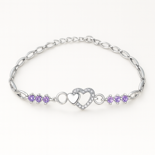 Pulseira Prata 925 Coração e Cristais Roxos — Luxo & Romance
