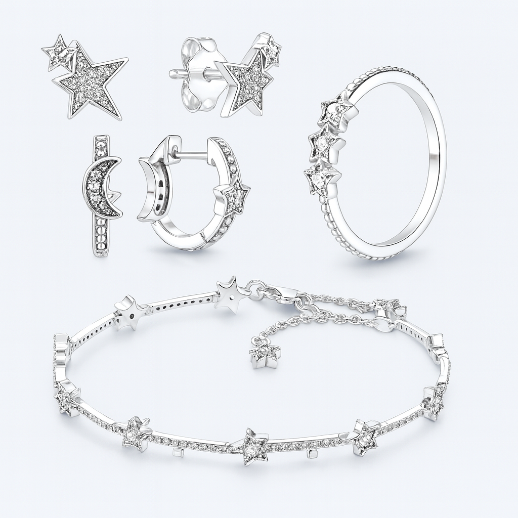 Bracelete, Anel e Brincos de Estrela 925 Sterling Silver — Joia Romântica com Design Clássico