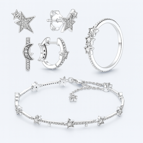 Bracelete, Anel e Brincos de Estrela 925 Sterling Silver — Joia Romântica com Design Clássico