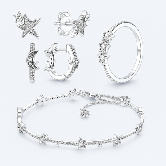Bracelete, Anel e Brincos de Estrela 925 Sterling Silver — Joia Romântica com Design Clássico