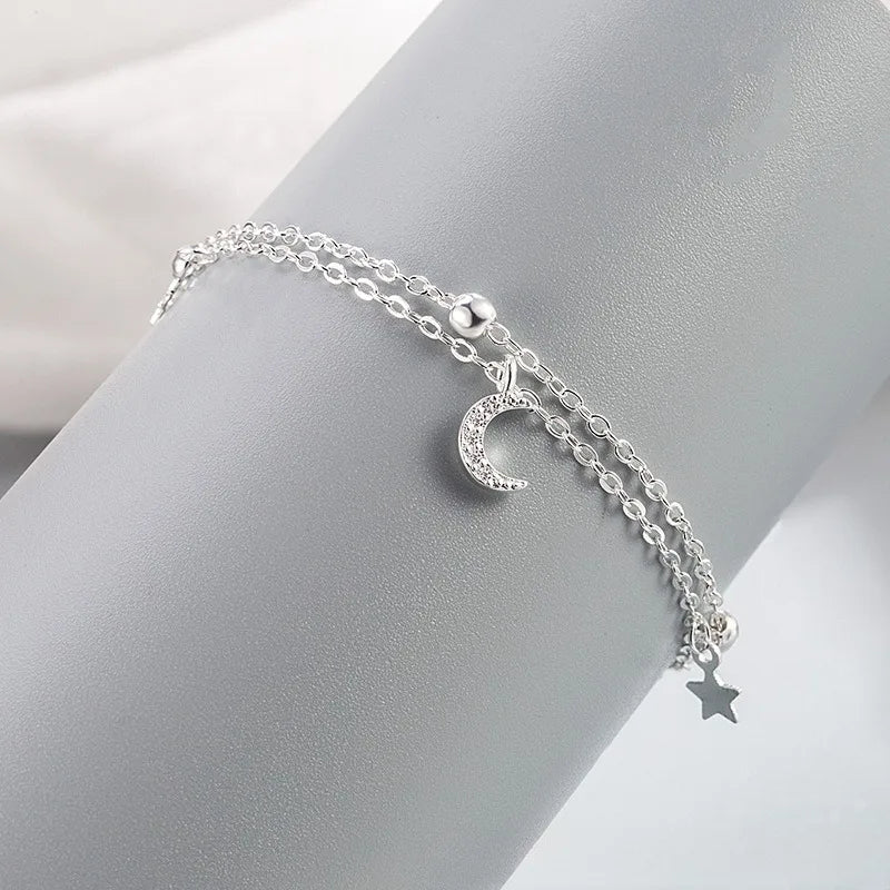 Pulseira Prata 925 Estrelas & Lua – Cristais Zircônia Luxuosos Femininos