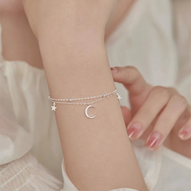Pulseira Prata 925 Estrelas & Lua – Cristais Zircônia Luxuosos Femininos